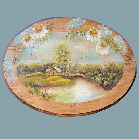 Vintage 1970s Painted Scenic Cottage and Bridge Plaque - Picture 1 of 5